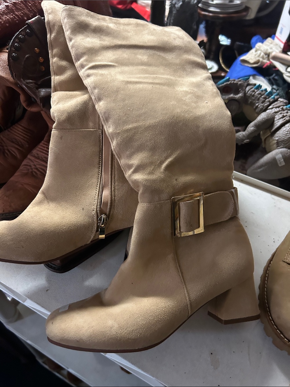 Taupe Mid-Calf Buckle Block Heel Boots